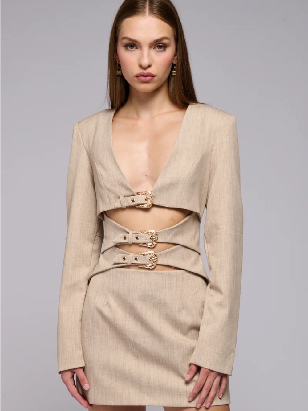 AKIRA Beige Mini Dress with Gold Buckle Detail